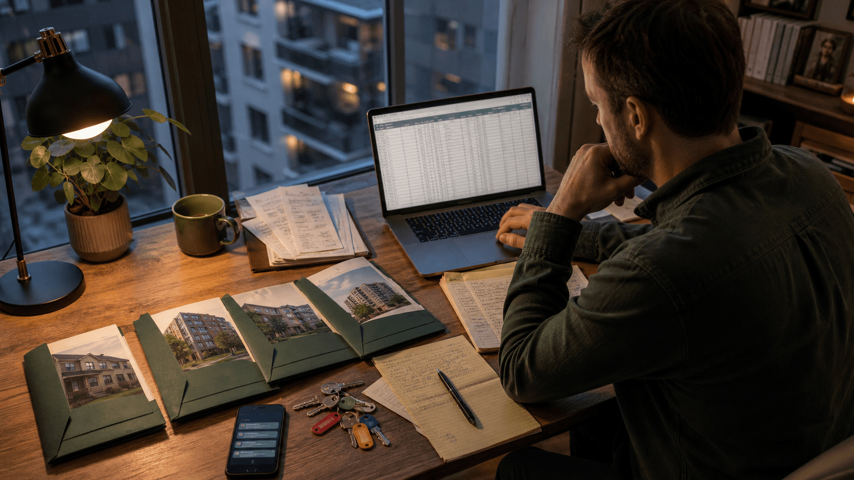 Small Canadian landlord managing four property folders, rent records, keys, and a spreadsheet