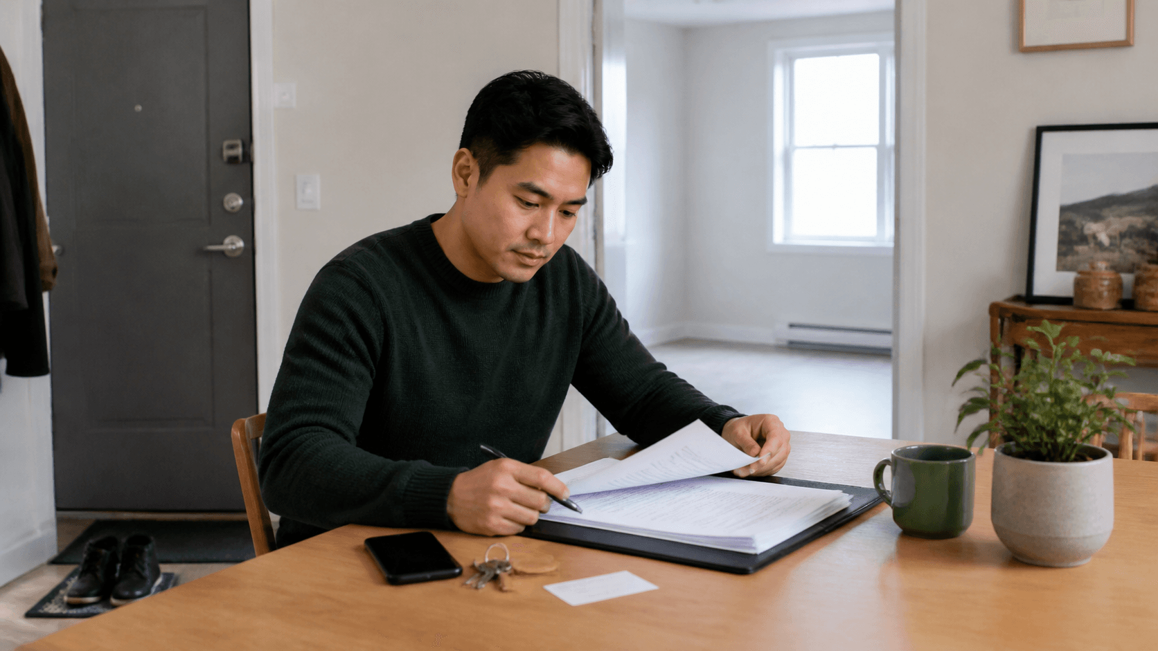 First-time Canadian landlord preparing a lease folder, keys, and move-in checklist in a modest rental apartment
