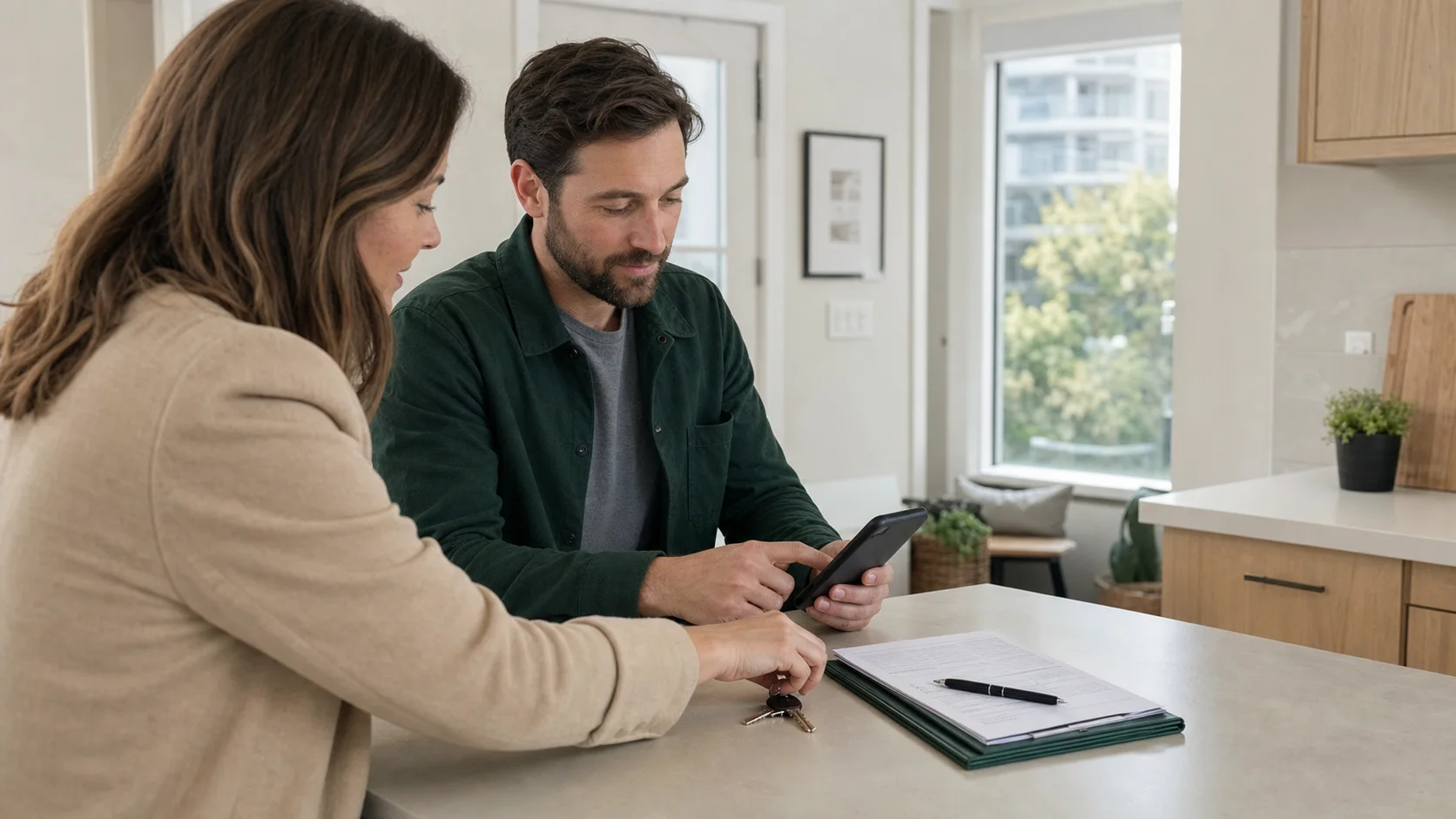 Canadian landlord and tenant documenting a rental deposit and apartment key handover