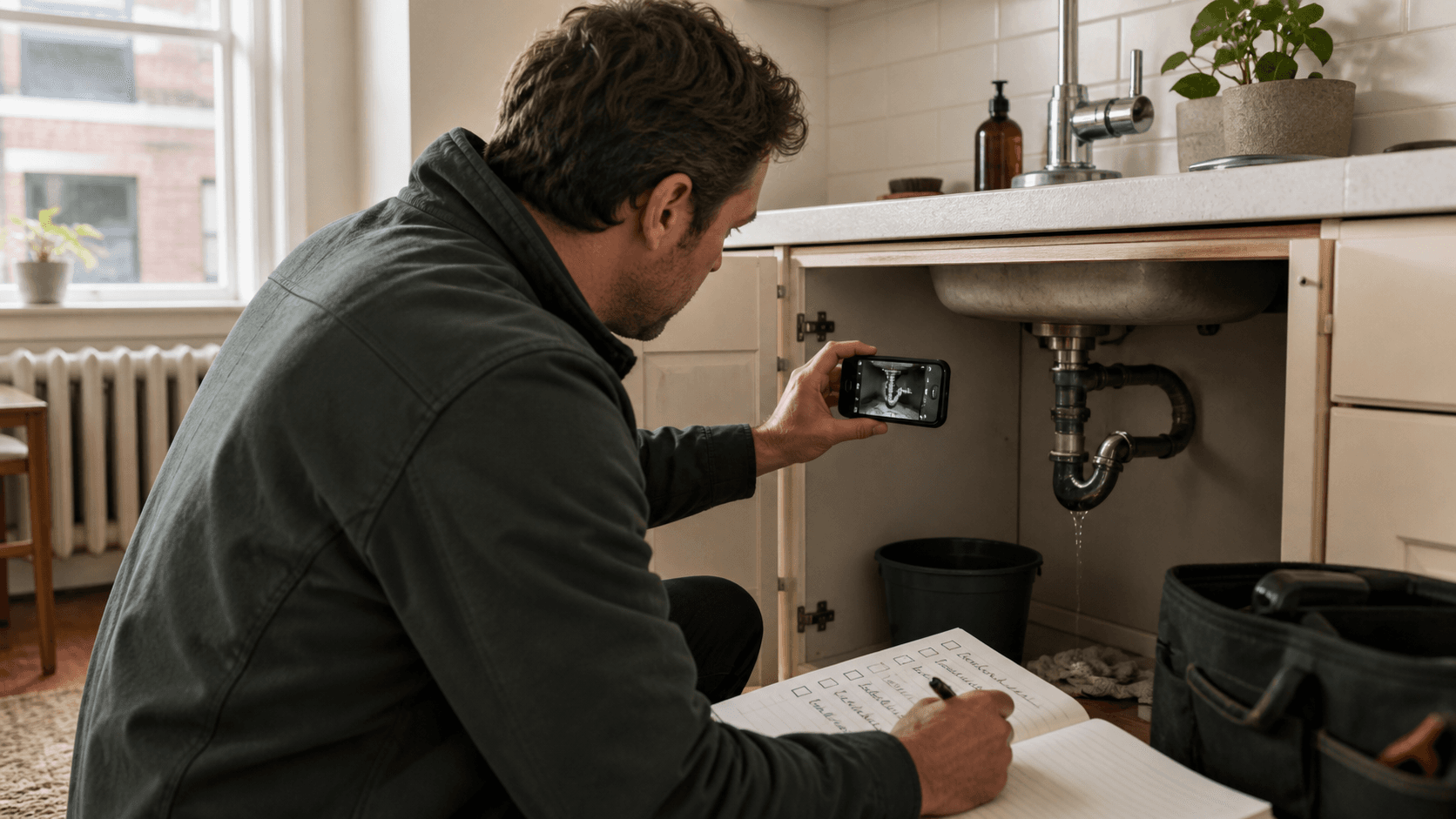 Ontario landlord photographing and documenting a small plumbing leak beneath a rental-unit sink
