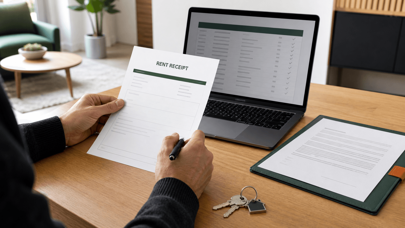 Canadian landlord reviewing a rent receipt beside a confirmed digital payment ledger